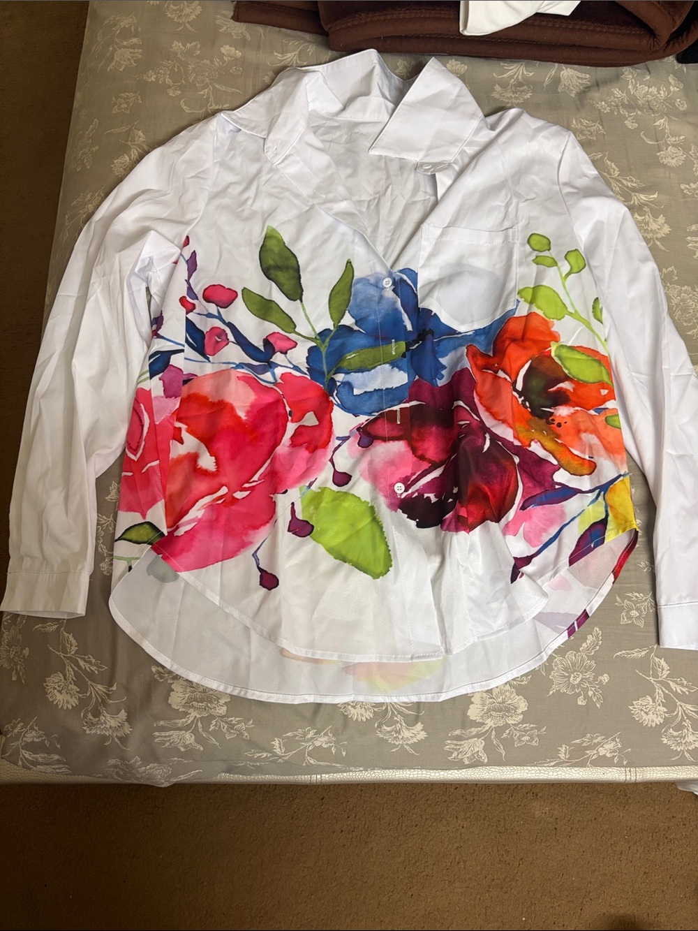 Watercolor Floral White Button Down Blouse Multicolor
